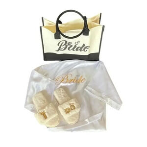 NWOT White Bride Robe size XL, I Do Slippers (size 8), and Bride Tote Bag Set
